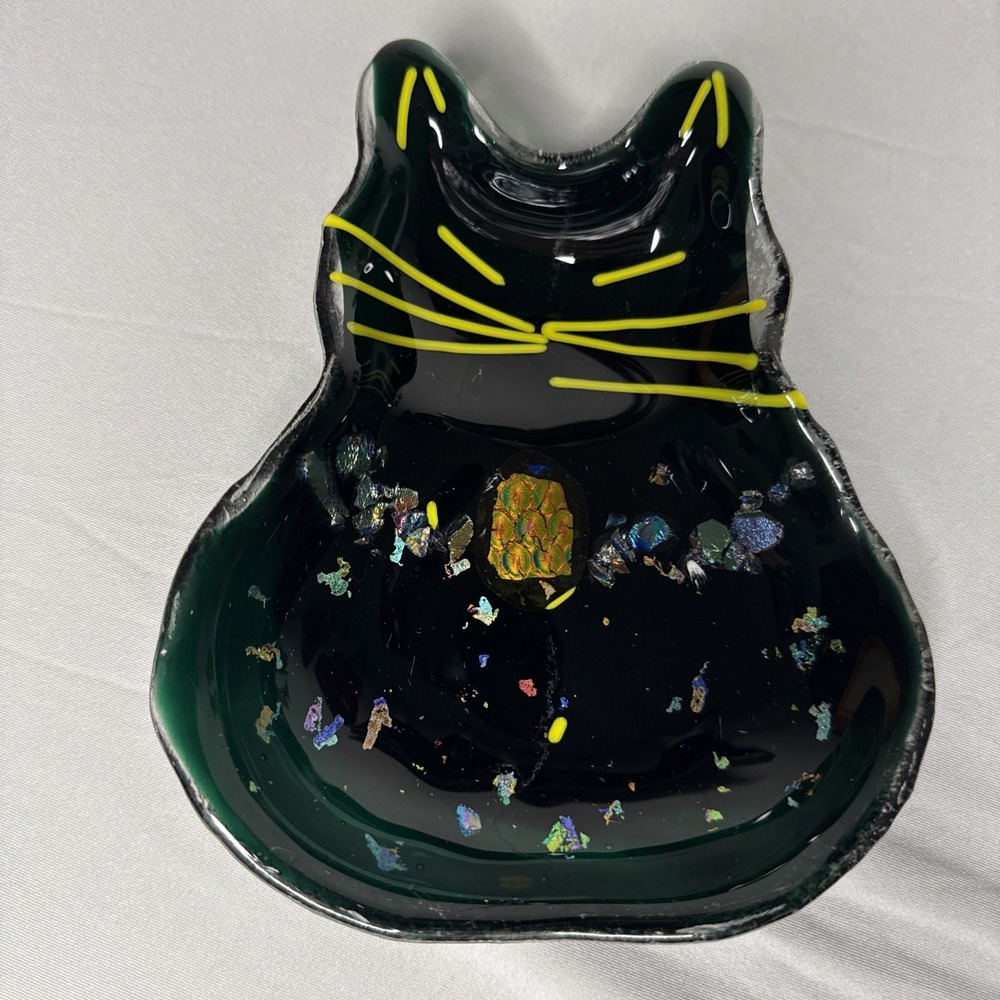 Karen Huhn‎ Fused Art Glass Trinket Tray Ring Dish Iridescent Cat
